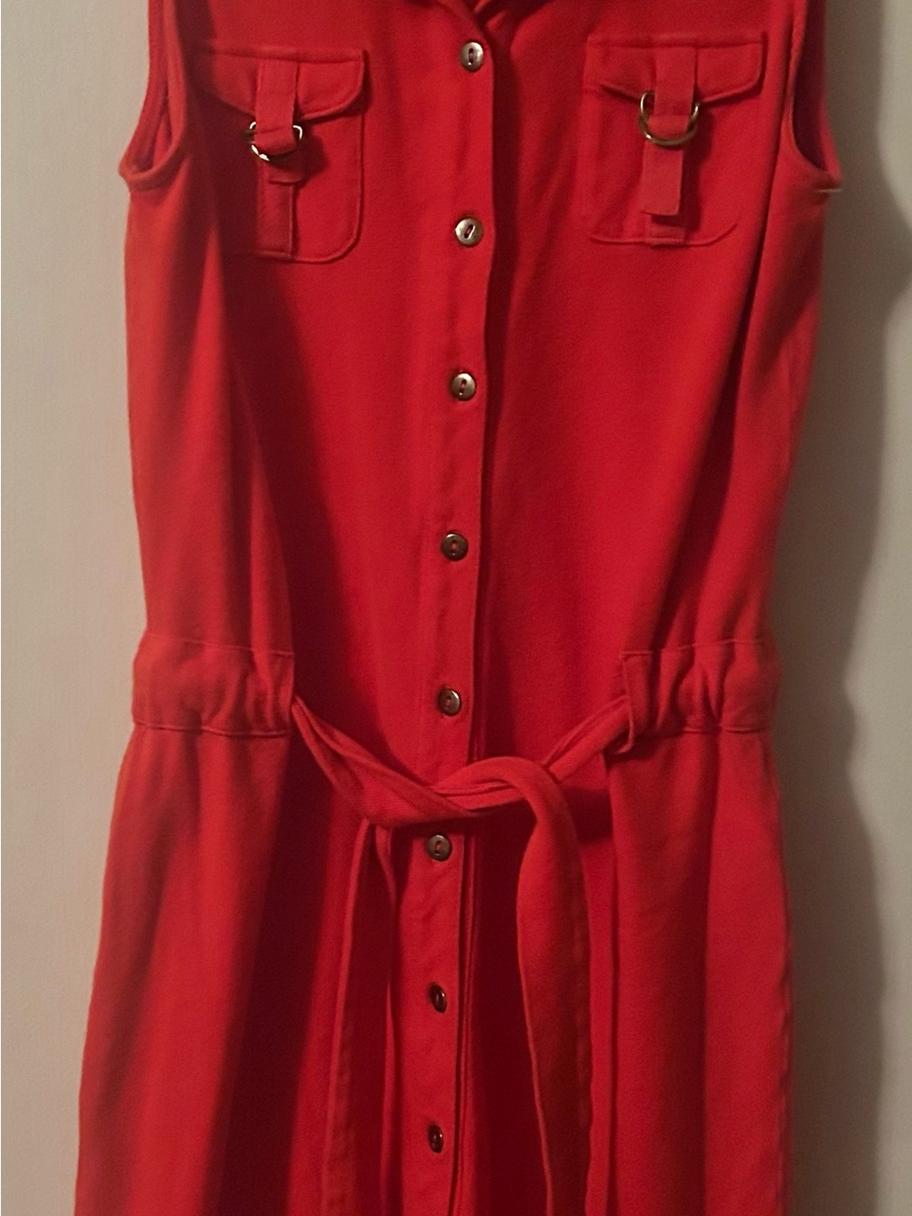 Daniel Cremieux Red Sleeveless Button-Front Shirt Dress with Waist Tie
